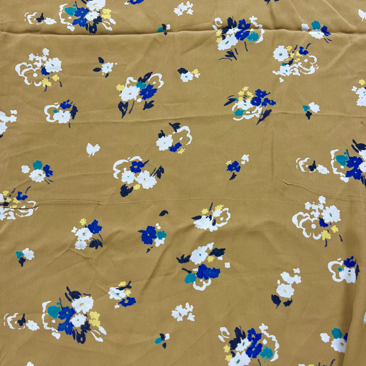 1970’s Mustard Yellow Base with Blue and White Flowers Fabric - Rayon crepe