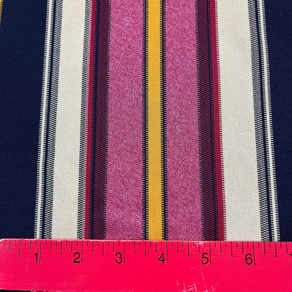 1970’s Belding Corticelli Blue, Mustard, Red, and White Large Stripe Print Fabric - Polyester (P144)