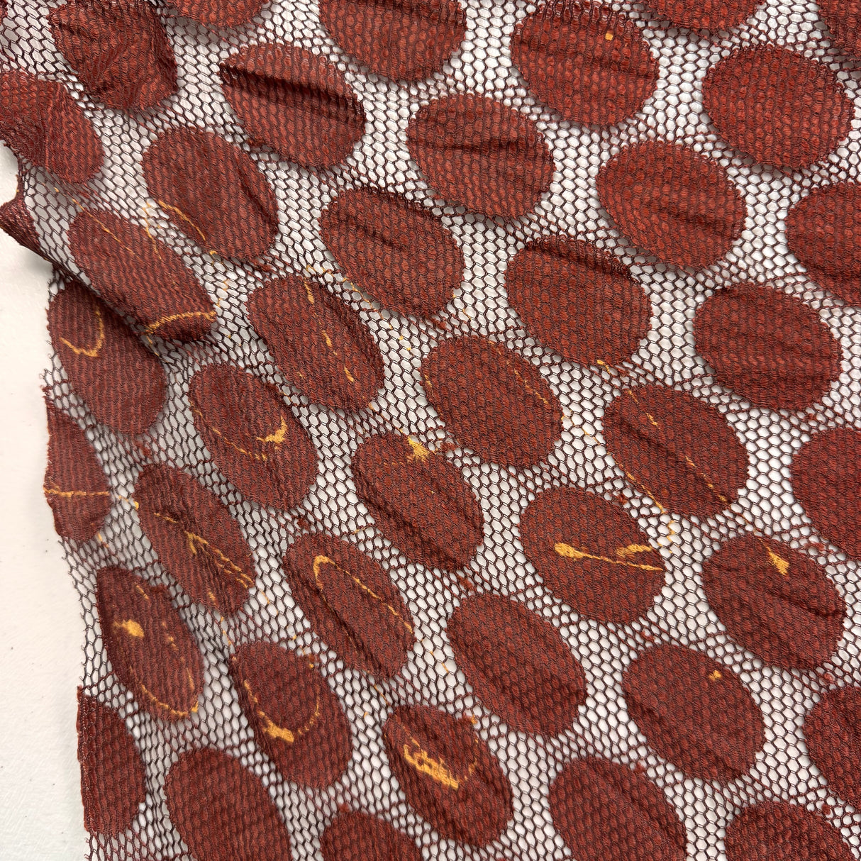 1970’s Mesh brown circles synthetic blend fabric (P100)