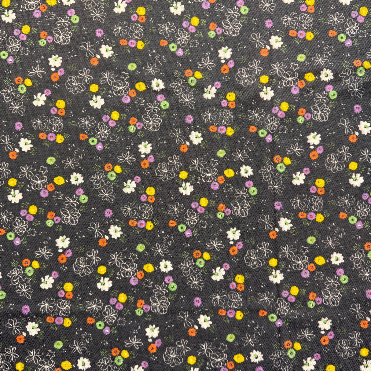 1970’s Black with multicolor flowers polyester fabric (P101)