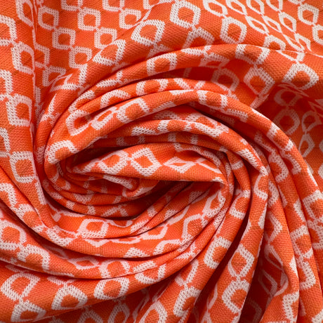 1970’s Salmon Orange and White Geometric Print Polyester Fabric (P106)