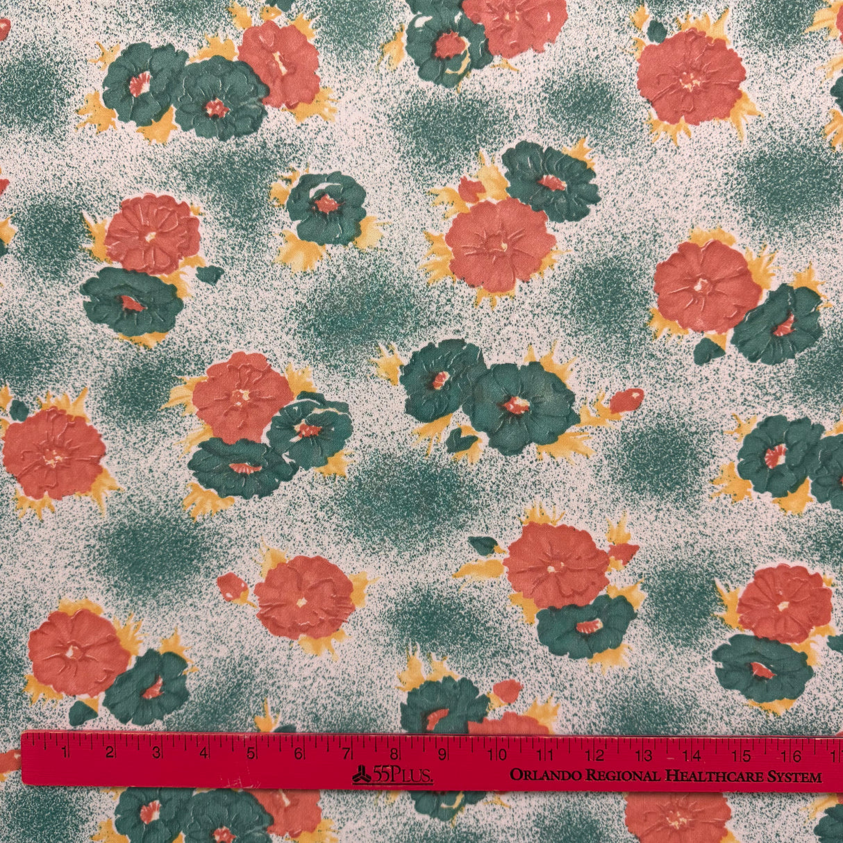 1970’s Teal and Orange Tropical Flowers Print Polyester Fabric (P109)