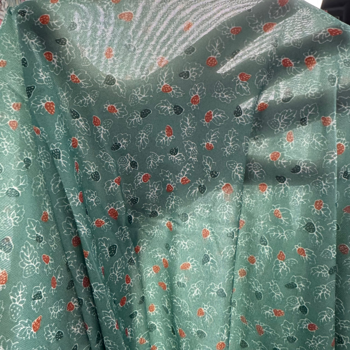 1970’s Strawberries on Green Polyester Knit Fabric (P111)