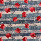 1970’s Blue Stripes with Red Roses Cotton Blend Fabric (P115) (Piece 1)