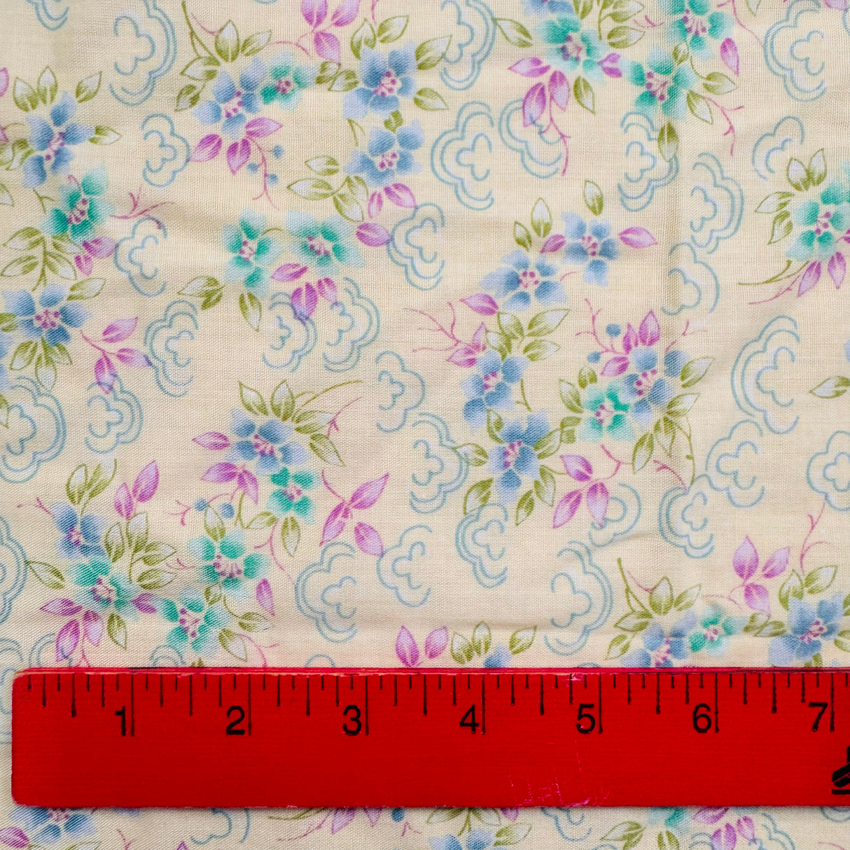 1980’s Yellow with Blue & Teal Flowers and Pink & Green Leaves Cotton Blend Fabric - (P120)