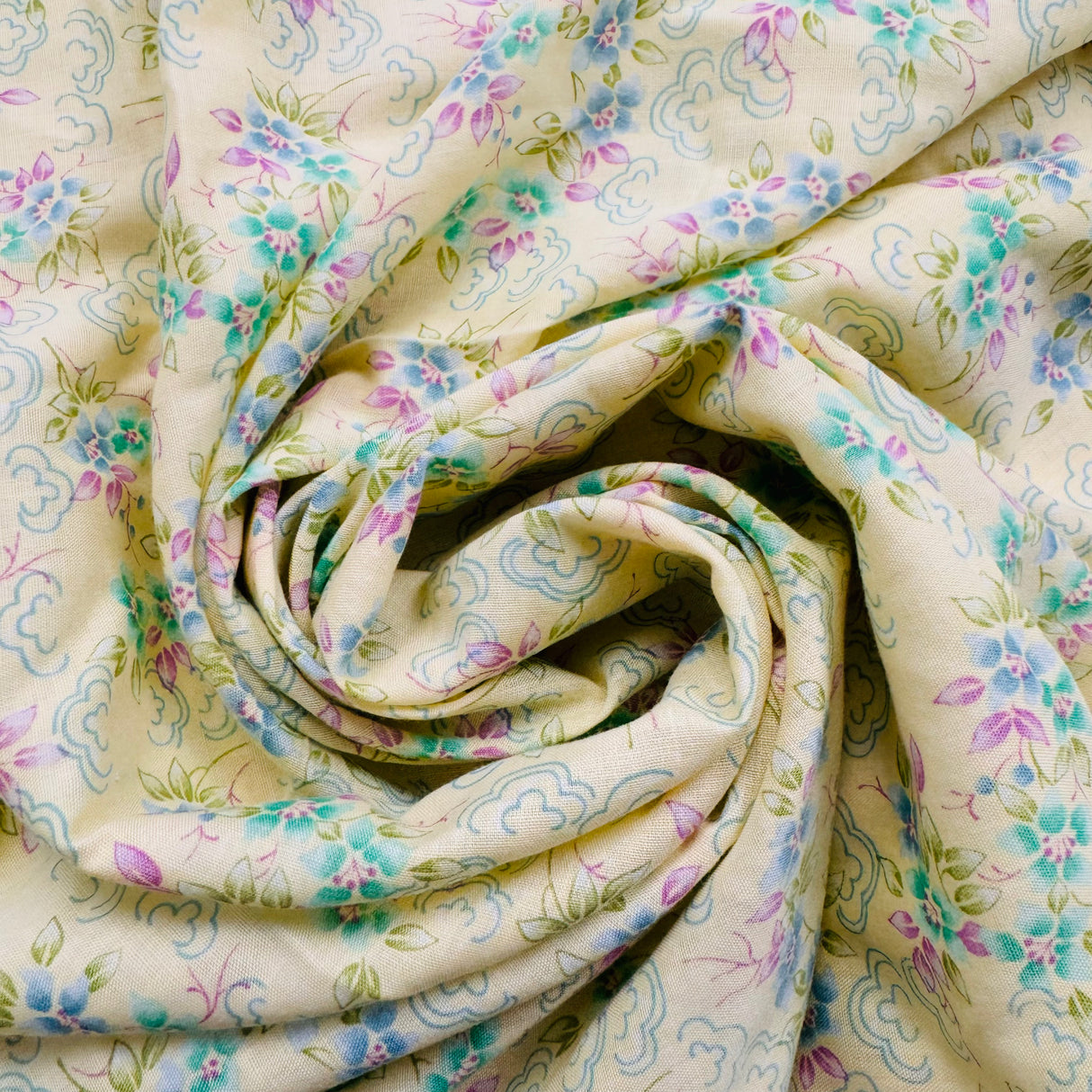 1980’s Yellow with Blue & Teal Flowers and Pink & Green Leaves Cotton Blend Fabric - (P120)