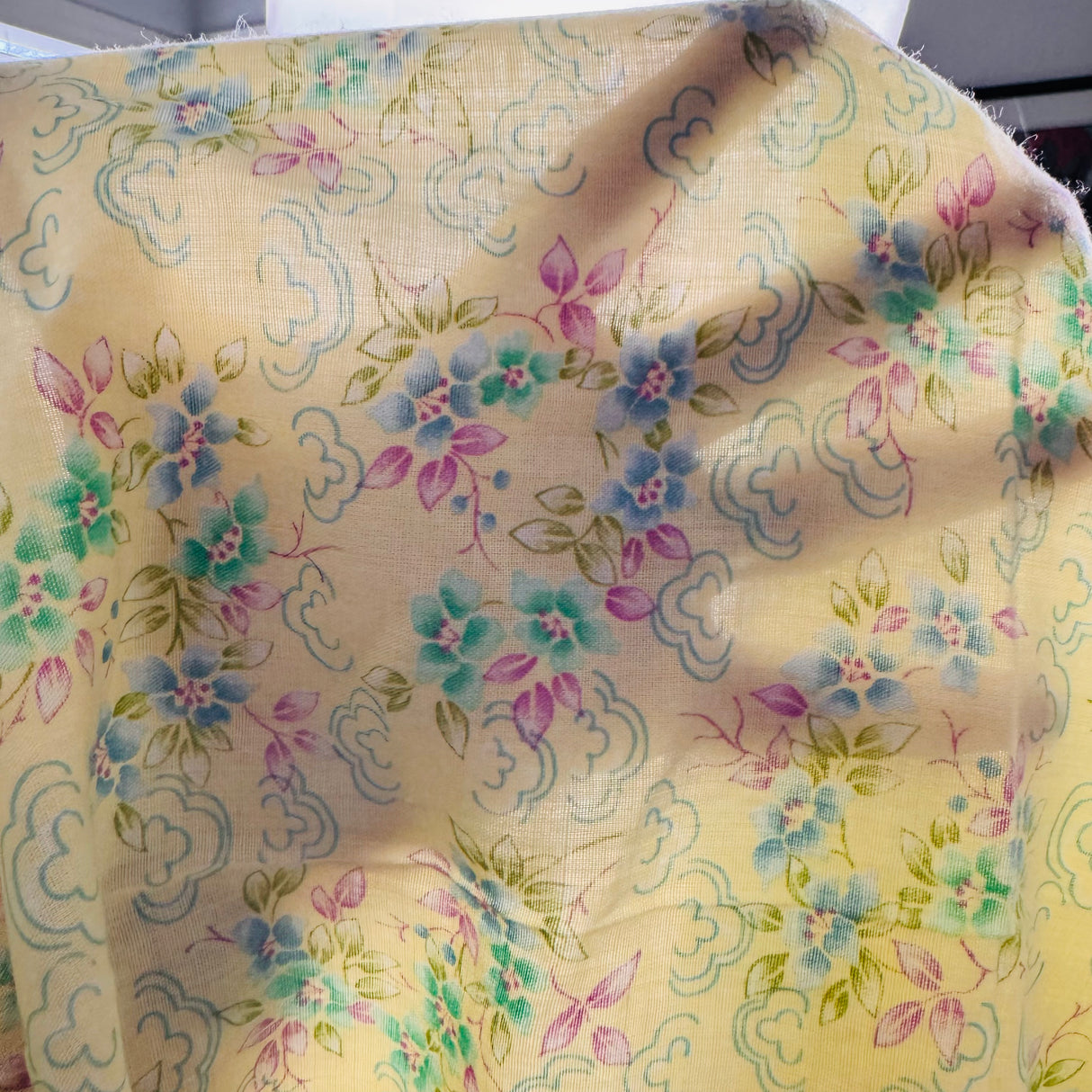 1980’s Yellow with Blue & Teal Flowers and Pink & Green Leaves Cotton Blend Fabric - (P120)