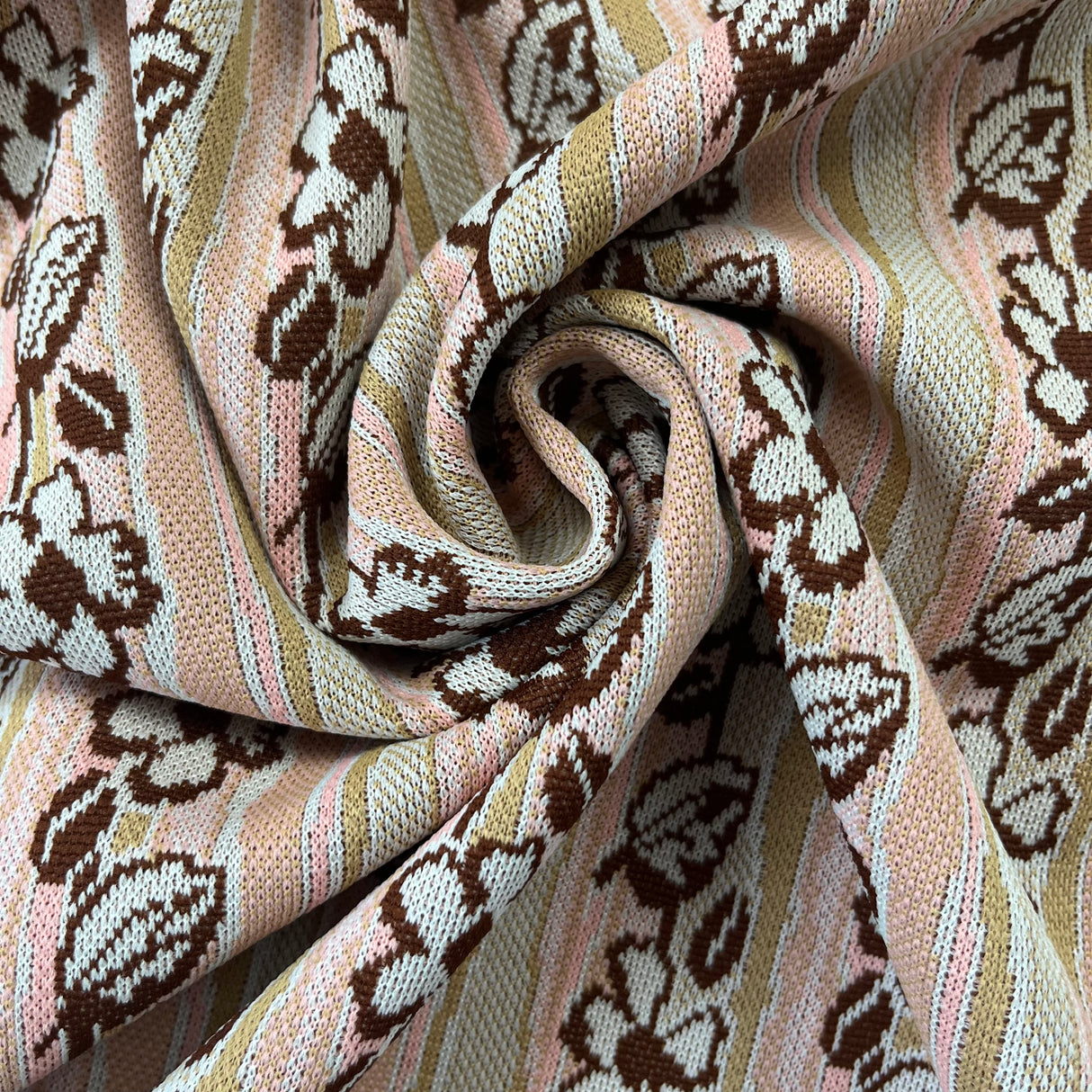 1970's Tan and Pink Striped Double Knit Polyester Fabric - 1yd