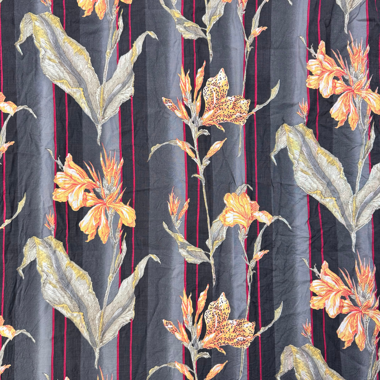 1980’s Black, Grey, and Red Stripe with Canna Lilies Cotton Blend Fabric - (P126)