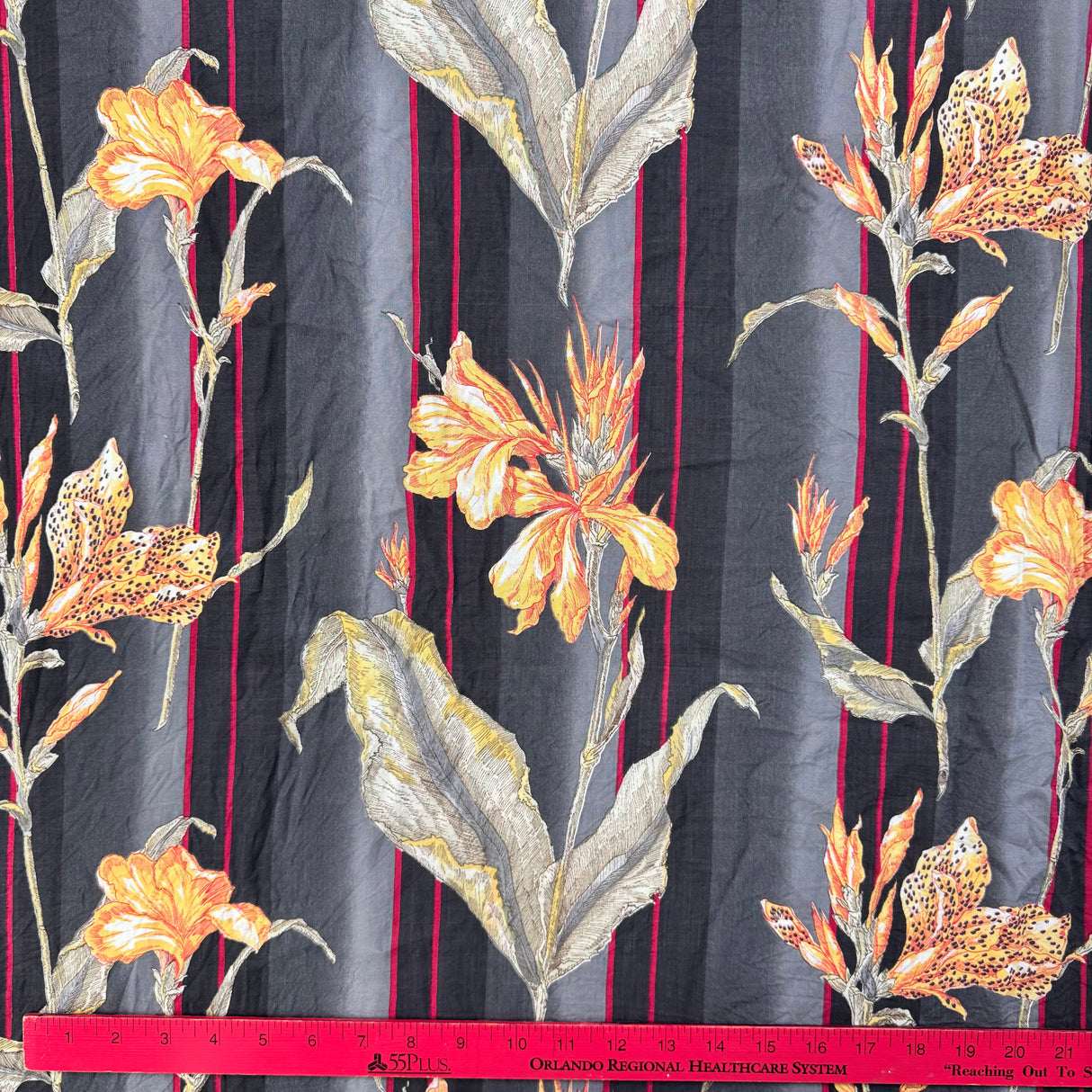 1980’s Black, Grey, and Red Stripe with Canna Lilies Cotton Blend Fabric - (P126)