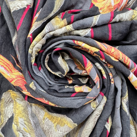 1980’s Black, Grey, and Red Stripe with Canna Lilies Cotton Blend Fabric - (P126)