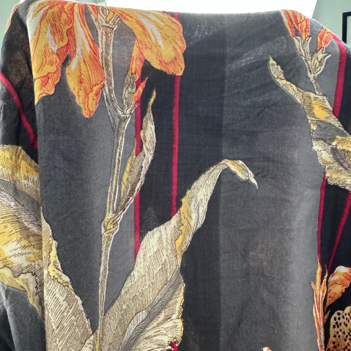 1980’s Black, Grey, and Red Stripe with Canna Lilies Cotton Blend Fabric - (P126)