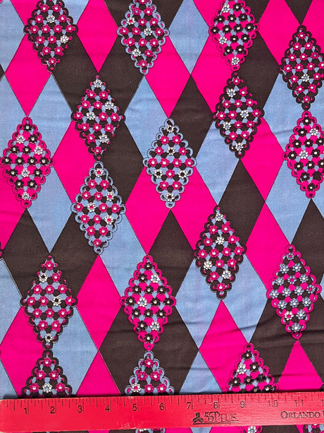 1970’s Dark Brown, Pink and Blue Harlequin with Roses Fabric - Acrylic - as seen on Trixie Mattel (P146)