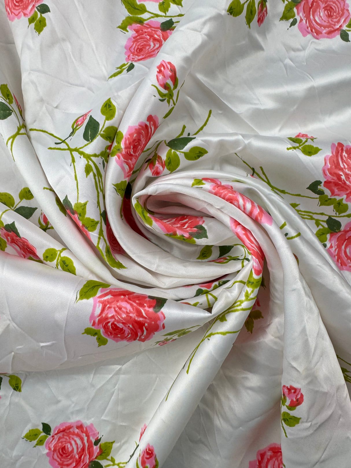 1960's White with Pink Roses Polyester Satin Fabric - 3 Piece LOT (P147)