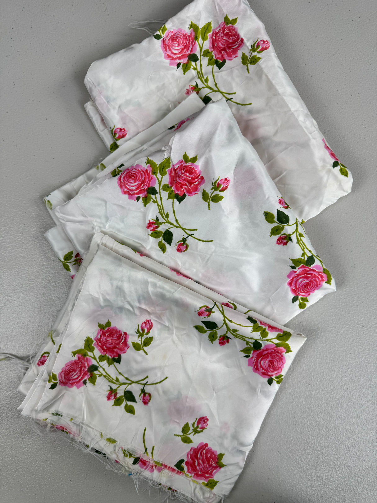 1960's White with Pink Roses Polyester Satin Fabric - 3 Piece LOT (P147)