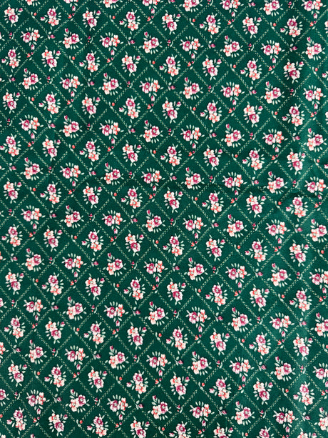 1980's Green with Pink Flowers Cotton Blend Fabric (P149)