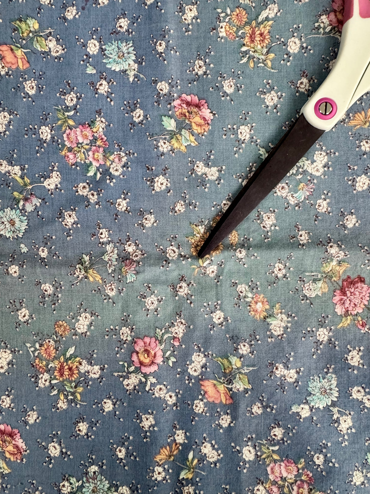 1980's Blue with Pink Floral Pattern Cotton Fabric - 2 Piece LOT (P151)