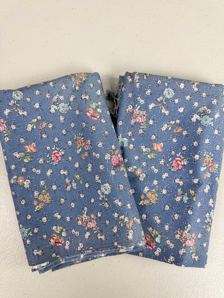 1980's Blue with Pink Floral Pattern Cotton Fabric - 2 Piece LOT (P151)