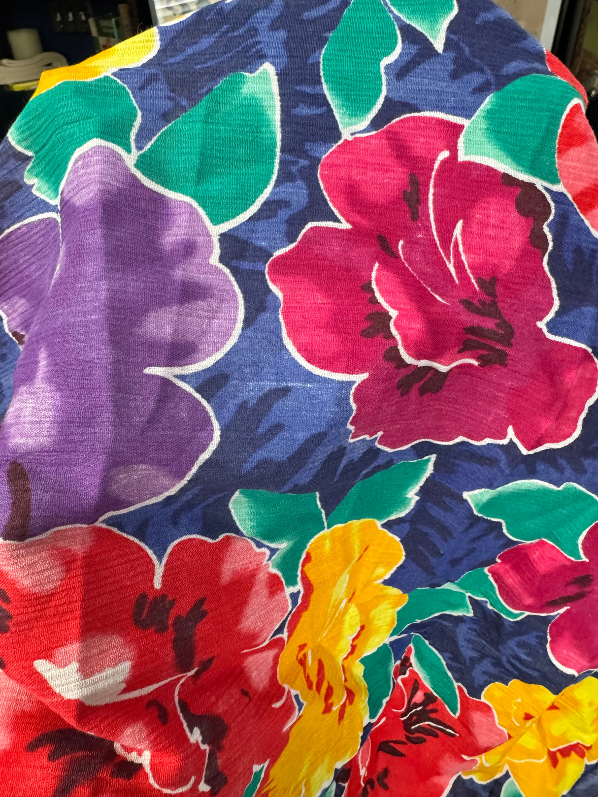 1970’s Bright Large Floral Print Crinkle Cotton Blend Fabric - BTY