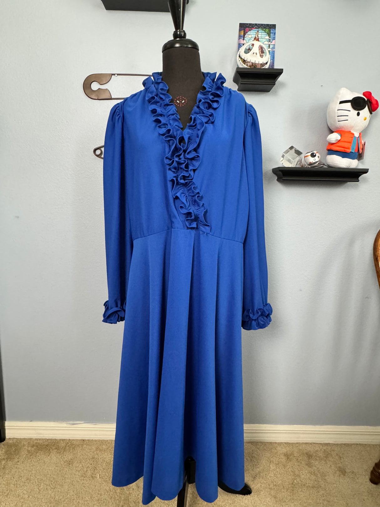 1970's Blue Polyester Knit Dress with Ruffle Trim Long Sleeves Lady Carol - Size 18