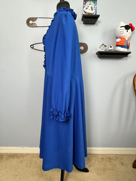 1970's Blue Polyester Knit Dress with Ruffle Trim Long Sleeves Lady Carol - Size 18