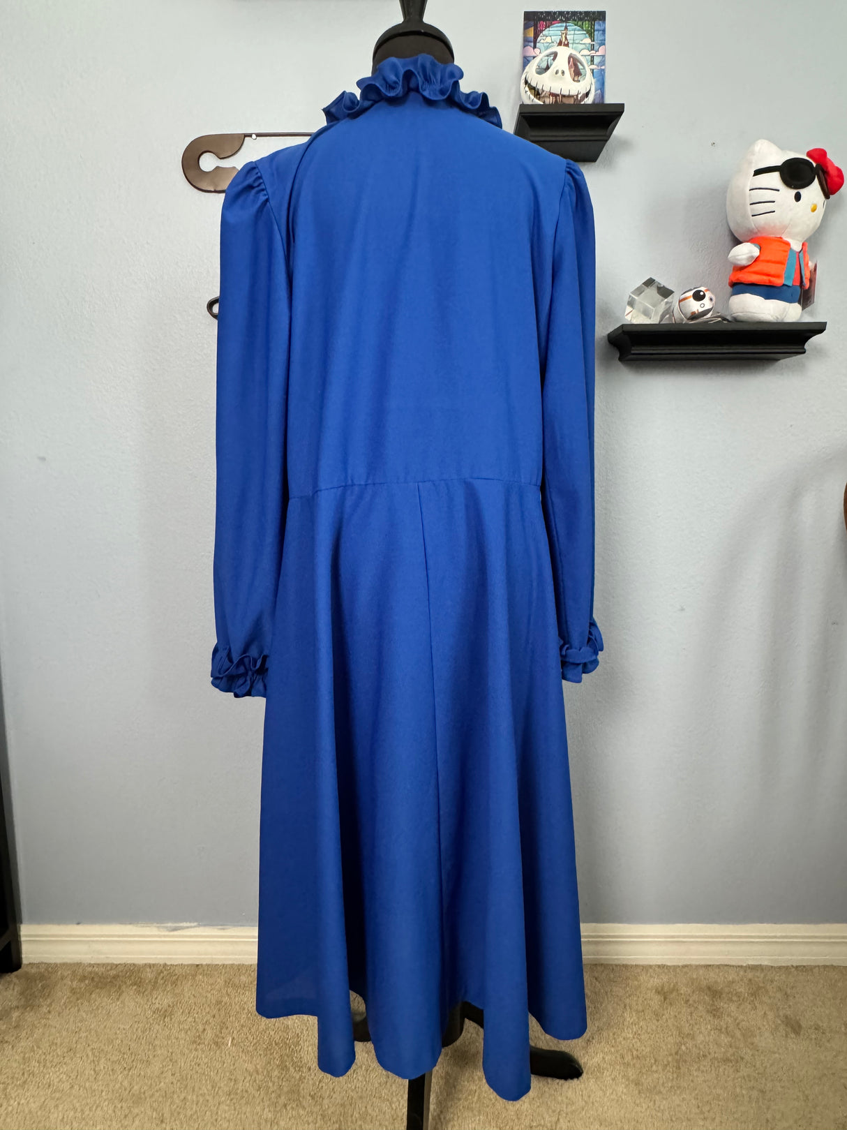 1970's Blue Polyester Knit Dress with Ruffle Trim Long Sleeves Lady Carol - Size 18