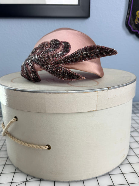 1950's Pink Satin and Applique Hat with Hat Box - Designed by Lora