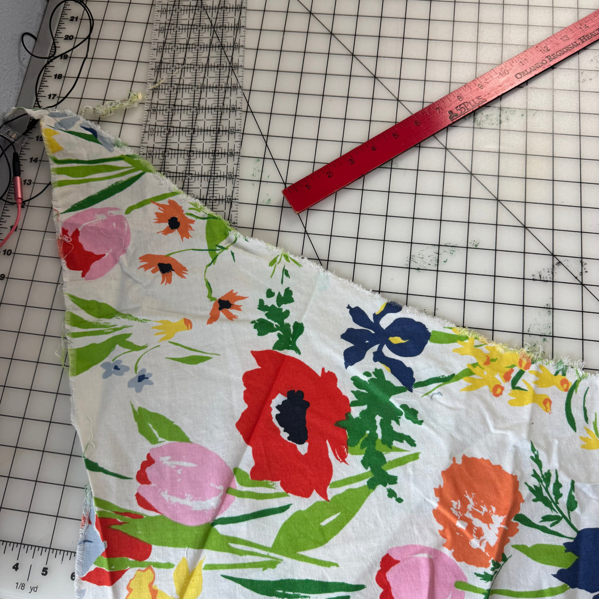 1980’s White with Large Floral Decorator Cotton Blend Fabric - (P199)