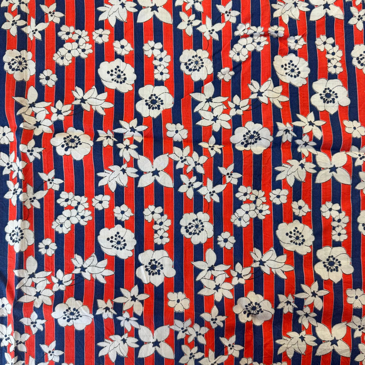 1960’s Red and Blue Striped Floral Cotton Blend Fabric - (P200)
