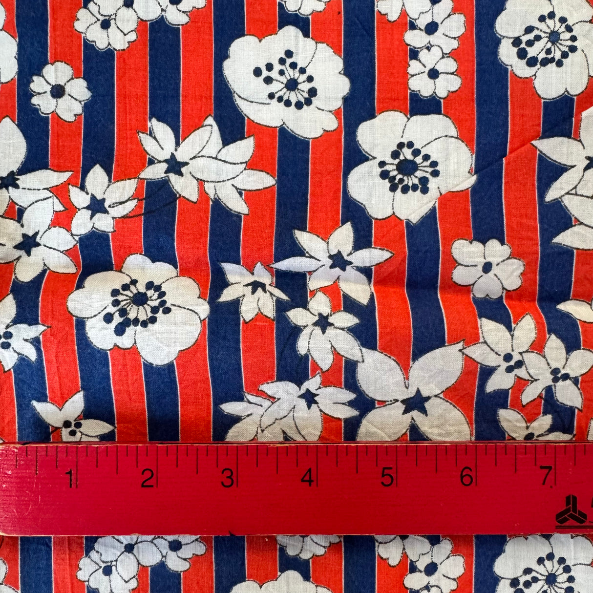 1960’s Red and Blue Striped Floral Cotton Blend Fabric - (P200)