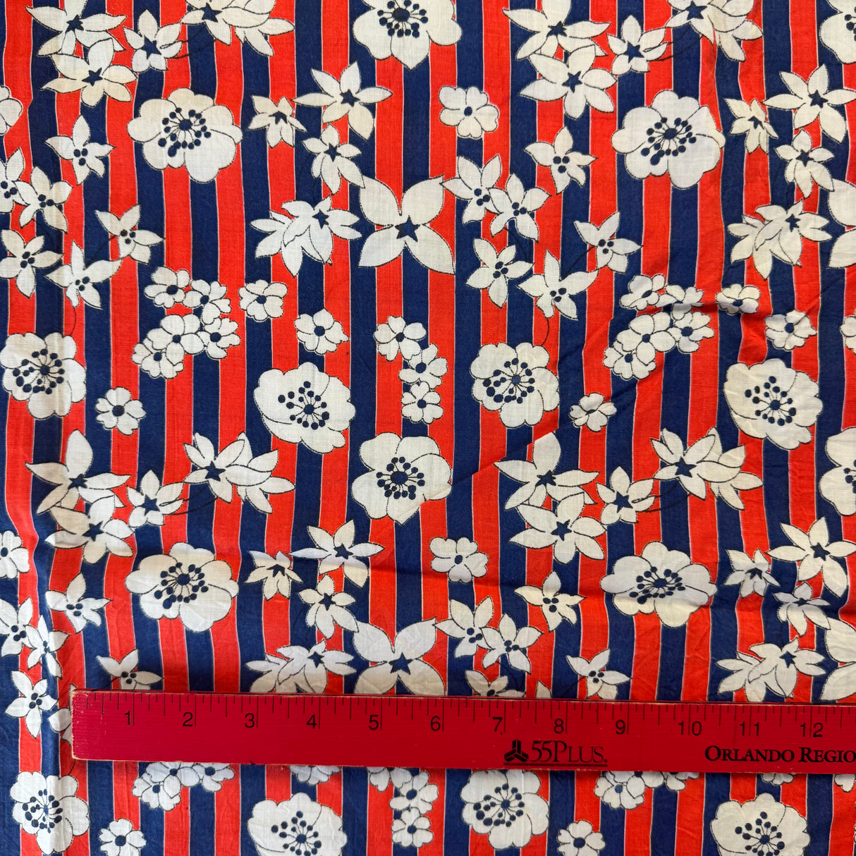 1960’s Red and Blue Striped Floral Cotton Blend Fabric - (P200)