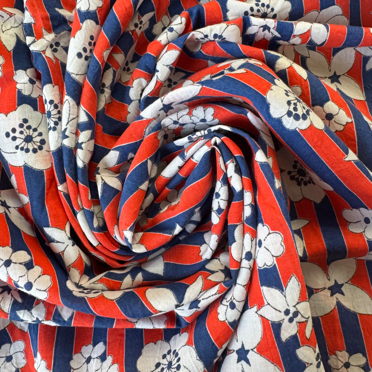 1960’s Red and Blue Striped Floral Cotton Blend Fabric - (P200)