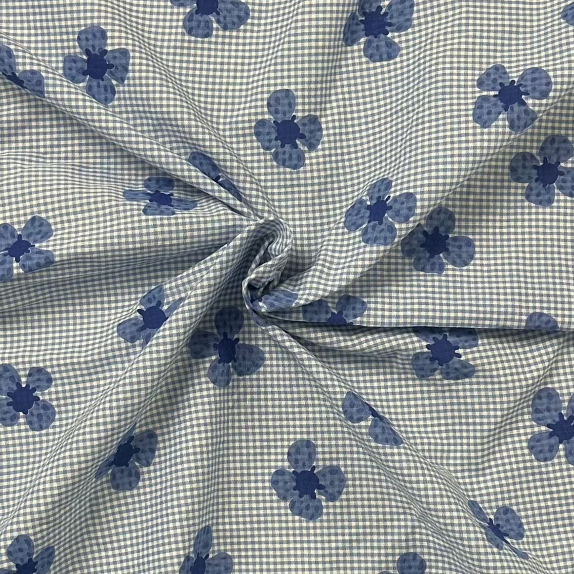 1960's Blue Small Gingham and Floral Print Cotton Fabric (P36)