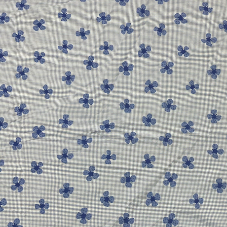 1960's Blue Small Gingham and Floral Print Cotton Fabric (P36)