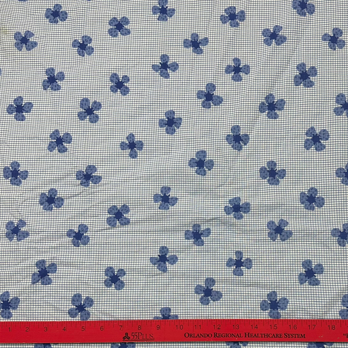 1960's Blue Small Gingham and Floral Print Cotton Fabric (P36)