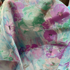 1970's Pale Blue with Watercolor Florals - Polyester Chiffon