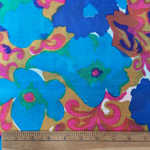 1960's Bright Blue and Pink Oversize Florals- Polyester Shantung - BTY
