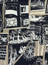 Modern Black, Beige, White, Flags and Ship Novelty Print Rayon Challis Fabric - (P138)