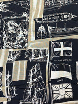 Modern Black, Beige, White, Flags and Ship Novelty Print Rayon Challis Fabric - (P138)