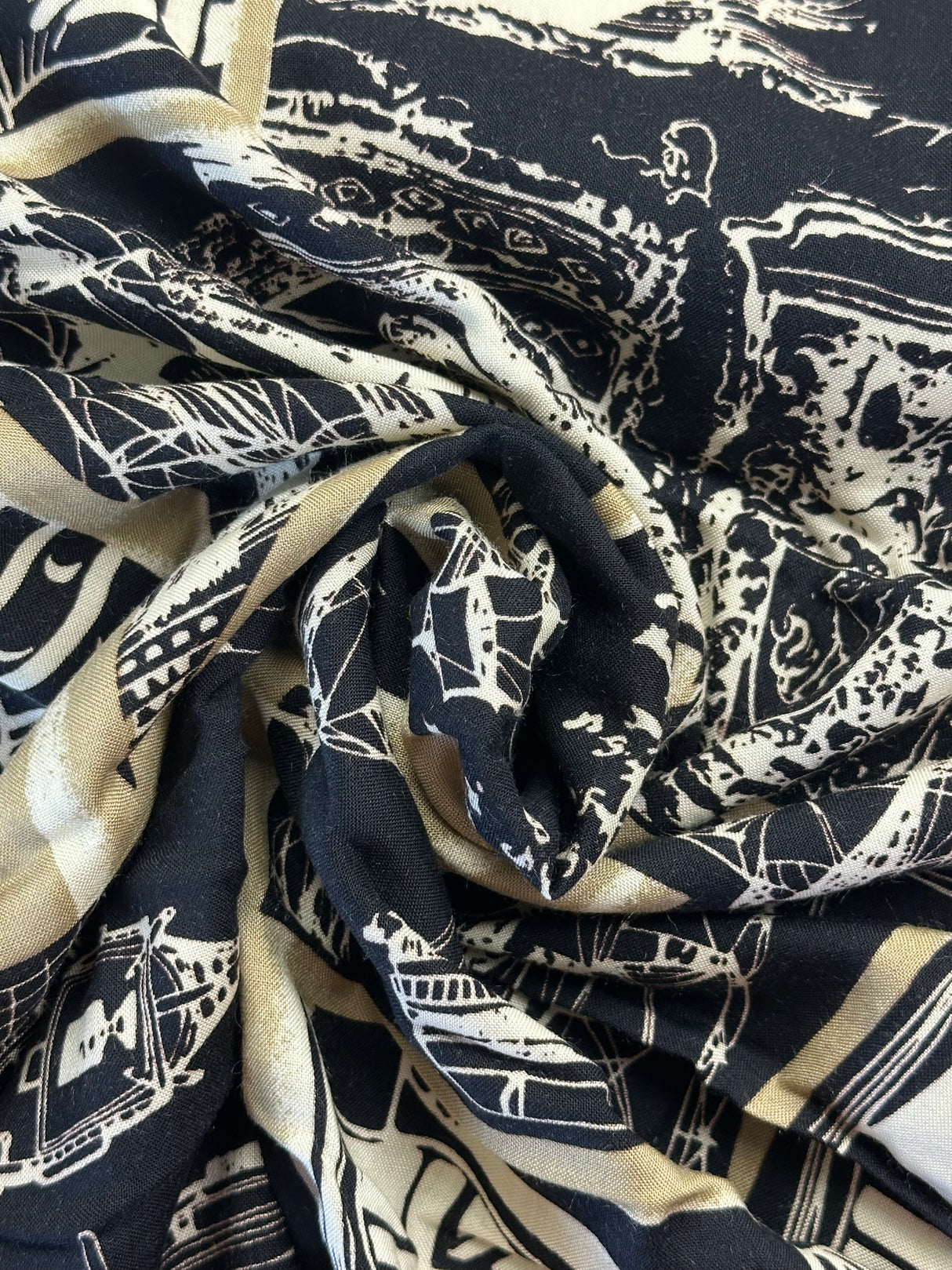 Modern Black, Beige, White, Flags and Ship Novelty Print Rayon Challis Fabric - (P138)