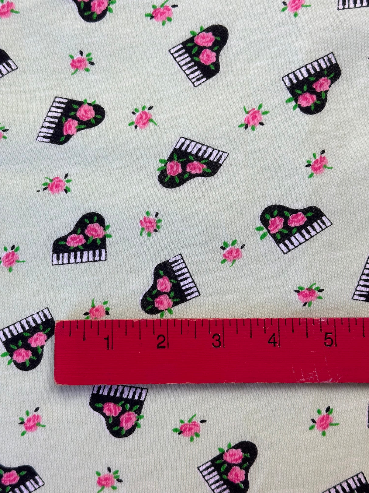 1990’s Pale Green Piano and Roses Novelty Print Cotton Jersey Knit Fabric - (P140)