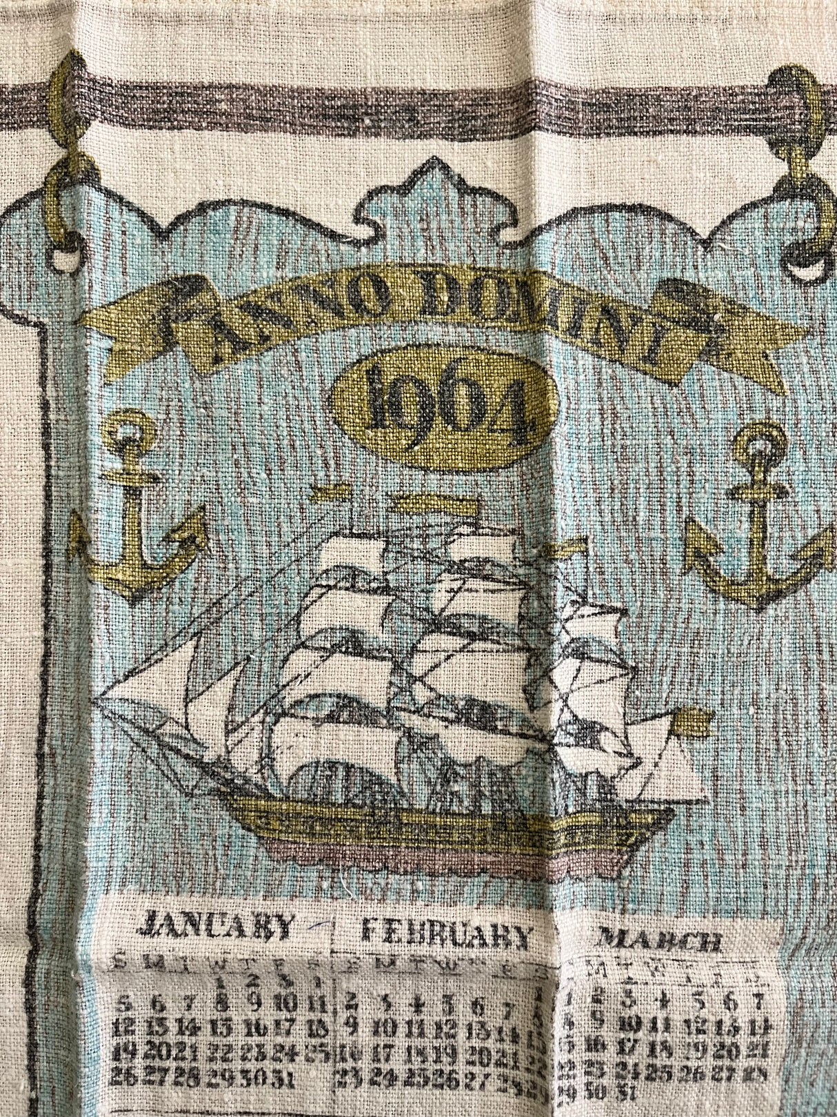 1964 Calendar tea towel with 3 mast ship