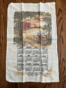 1969 Calendar linen tea towel with a Farmhouse Scene