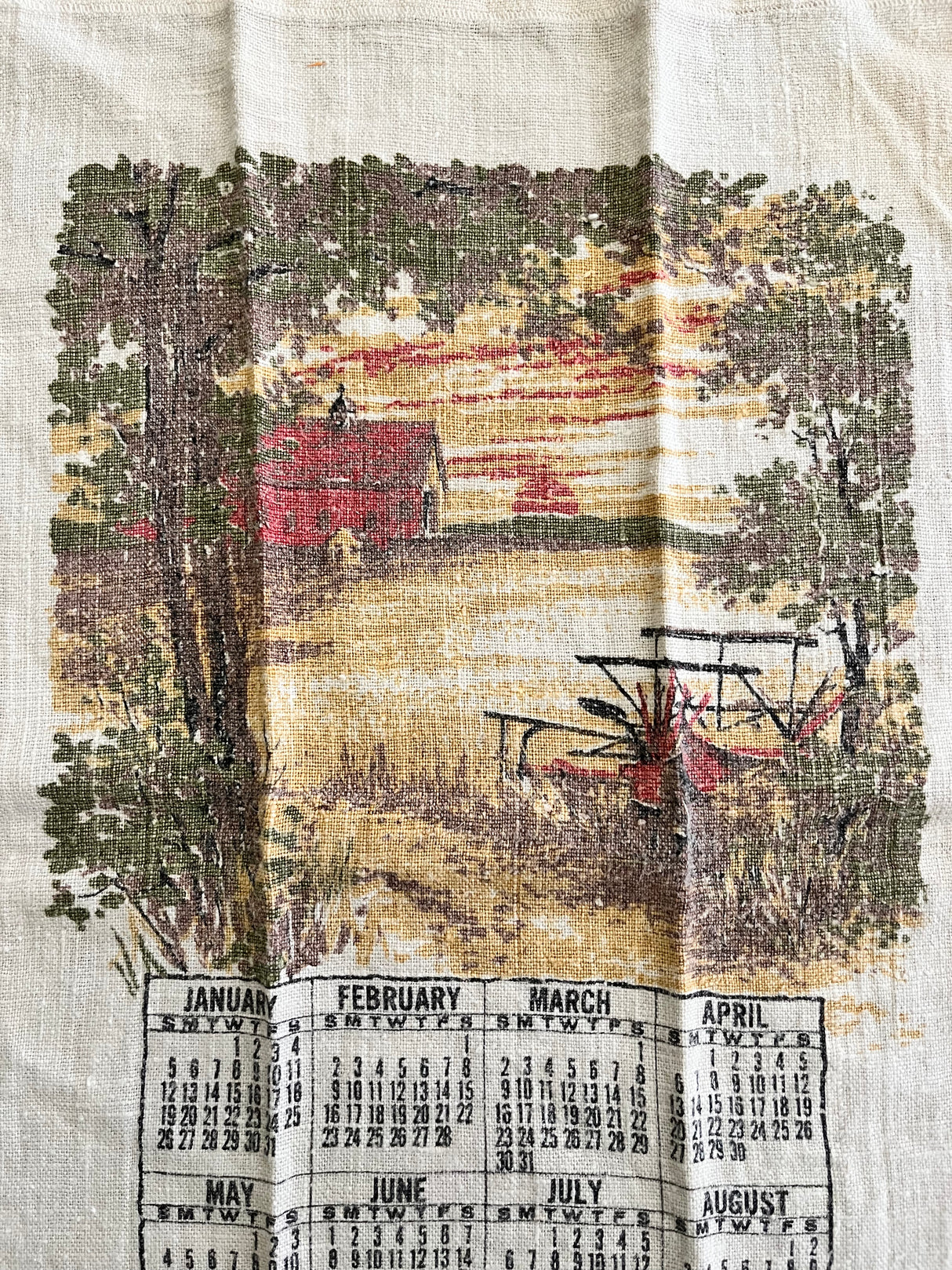 1969 Calendar linen tea towel with a Farmhouse Scene