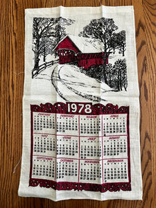 1978 Calendar linen tea towel with a Snow Covered Bridge