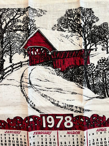 1978 Calendar linen tea towel with a Snow Covered Bridge
