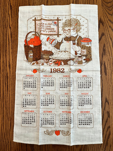 1982 Calendar linen tea towel with a Woman cooking