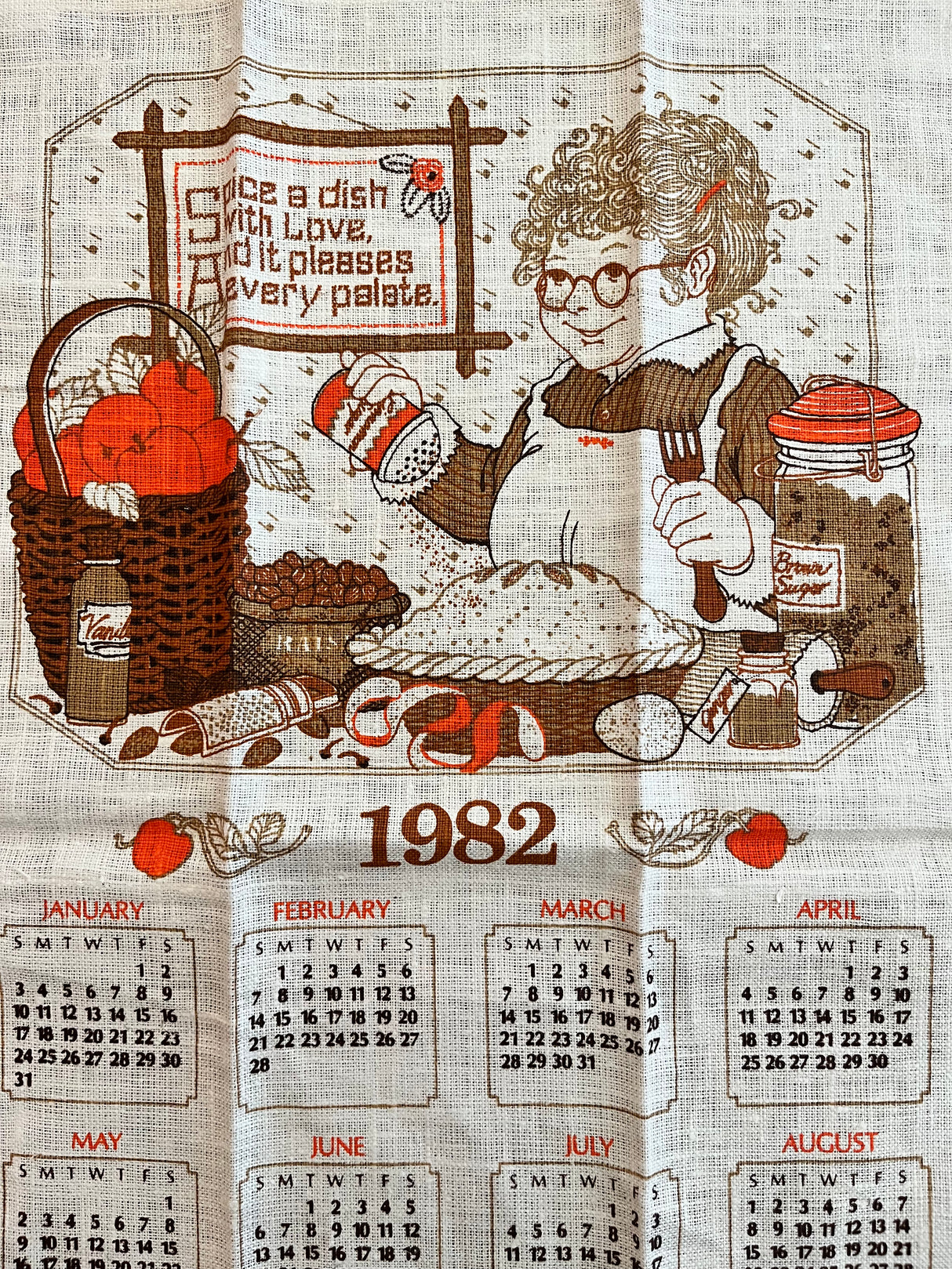 1982 Calendar linen tea towel with a Woman cooking