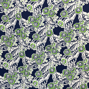 1970’s Navy, White and Green Floral Print - Poly Crepe - BTY