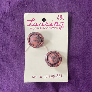 1970’s Lansing Black and Pink Plastic Buttons - Set of 2 - 7/8" -  on card